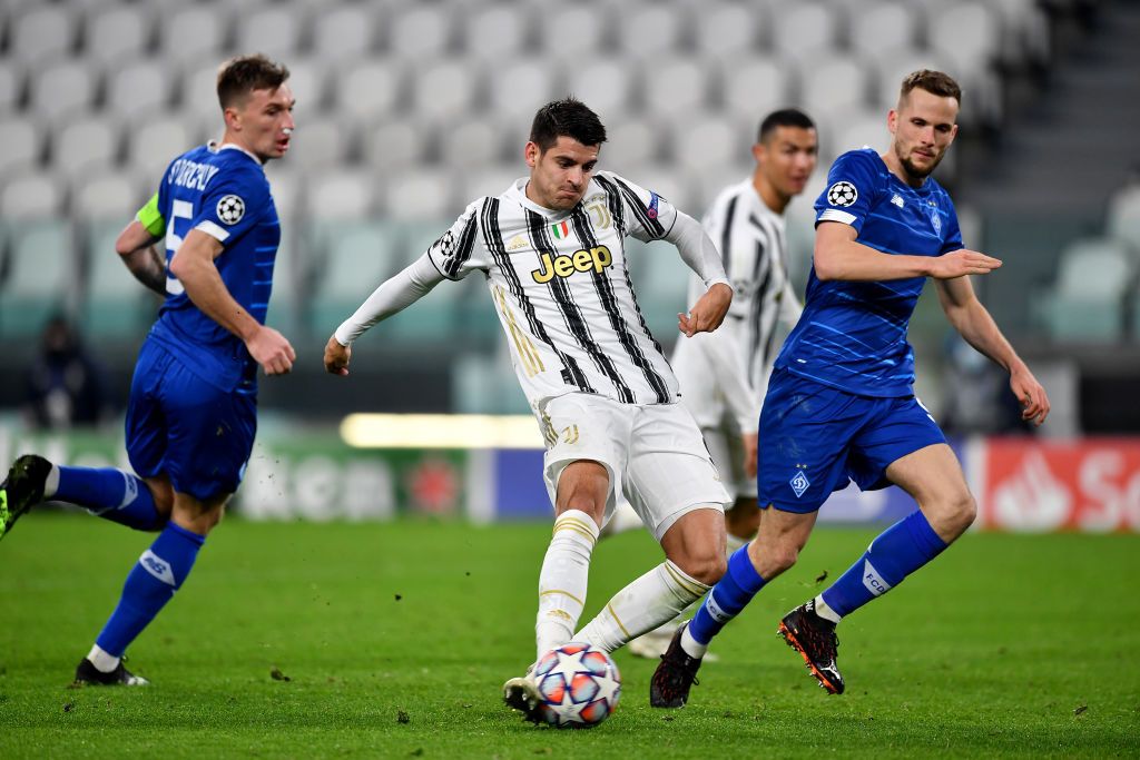 TURIN, ITALY - DECEMBER 02: Alvaro Morata of Juventus celebrates after scoring their sides third goal  during the UEFA Champions League Group G stage match between Juventus and Dynamo Kyiv at Allianz Stadium on December 02, 2020 in Turin, Italy. Sporting stadiums around Italy remain under strict restrictions due to the Coronavirus Pandemic as Government social distancing laws prohibit fans inside venues resulting in games being played behind closed doors. (Photo by Valerio Pennicino/Getty Images)