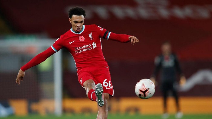LIVERPOOL, ENGLAND - OCTOBER 31: Trent Alexander-Arnold of Liverpool in action during the Premier League match between Liverpool and West Ham United at Anfield on October 31, 2020 in Liverpool, England. Sporting stadiums around the UK remain under strict restrictions due to the Coronavirus Pandemic as Government social distancing laws prohibit fans inside venues resulting in games being played behind closed doors. (Photo by Clive Brunskill/Getty Images)