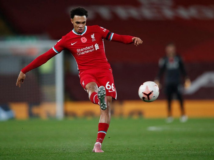 LIVERPOOL, ENGLAND - OCTOBER 31: Trent Alexander-Arnold of Liverpool in action during the Premier League match between Liverpool and West Ham United at Anfield on October 31, 2020 in Liverpool, England. Sporting stadiums around the UK remain under strict restrictions due to the Coronavirus Pandemic as Government social distancing laws prohibit fans inside venues resulting in games being played behind closed doors. (Photo by Clive Brunskill/Getty Images)