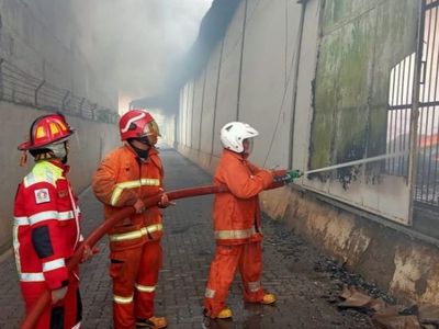 Aksi Petugas Damkar Padamkan Api di Pabrik Teh Batang