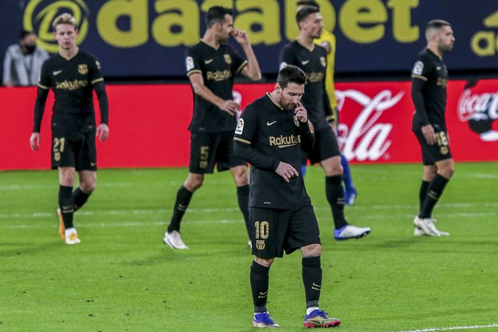 Barcelonas Lionel Messi reacts after Cadiz scored a goal during the Spanish La Liga soccer match between Cadiz and FC Barcelona at the Ramon Carranza stadium in Cadiz, Spain, Saturday Dec. 5, 2020. (AP Photo/Alvaro Rivero)
