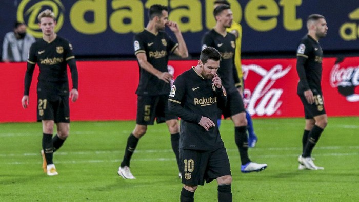 Barcelonas Lionel Messi reacts after Cadiz scored a goal during the Spanish La Liga soccer match between Cadiz and FC Barcelona at the Ramon Carranza stadium in Cadiz, Spain, Saturday Dec. 5, 2020. (AP Photo/Alvaro Rivero)
