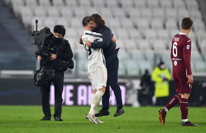 TURIN, ITALY - DECEMBER 05: Leonardo Bonucci of Juventus celebrates with Head Coach Andrea Pirlo after the Serie A match between Juventus and Torino FC at Allianz Stadium on December 05, 2020 in Turin, Italy. Football Stadiums around Italy remain empty due to the Coronavirus Pandemic as Government social distancing laws prohibit fans inside venues resulting in fixtures being played behind closed doors. (Photo by Valerio Pennicino/Getty Images)