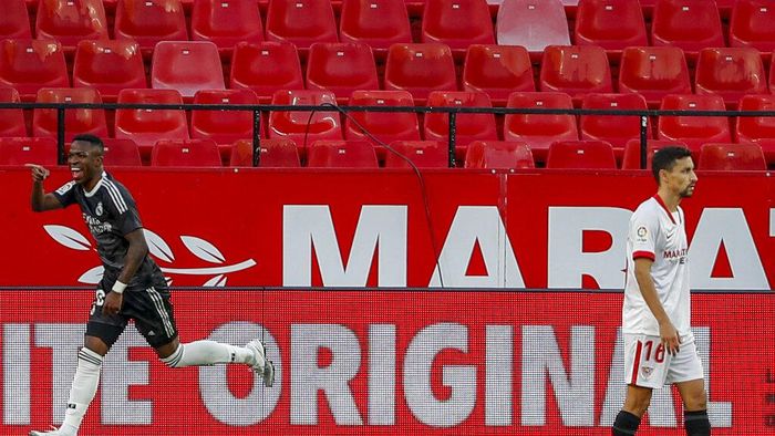 Sevilla vs Real Madrid Real Madrids Vinicius Junior celebrates a goal during the Spanish La Liga soccer match between Sevilla and Real Madrid at the Ramon Sanchez Pizjuan stadium in Seville, Spain, Saturday Dec. 5, 2020. (AP Photo/Angel Fernandez)