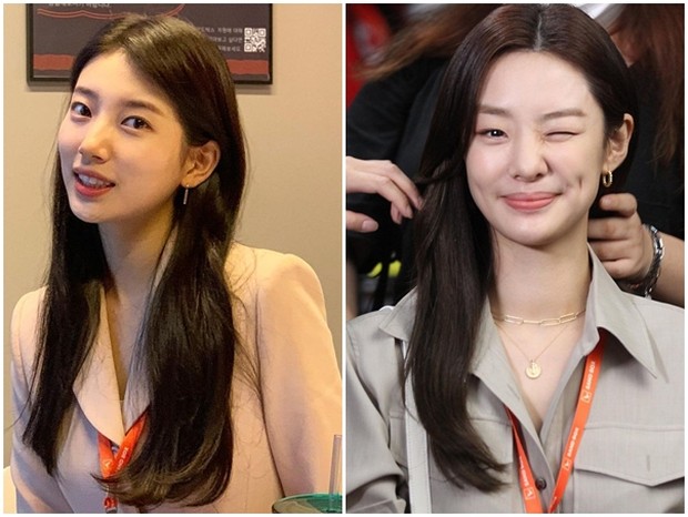 Suzy dan Stephanie dalam balutan busana formal.