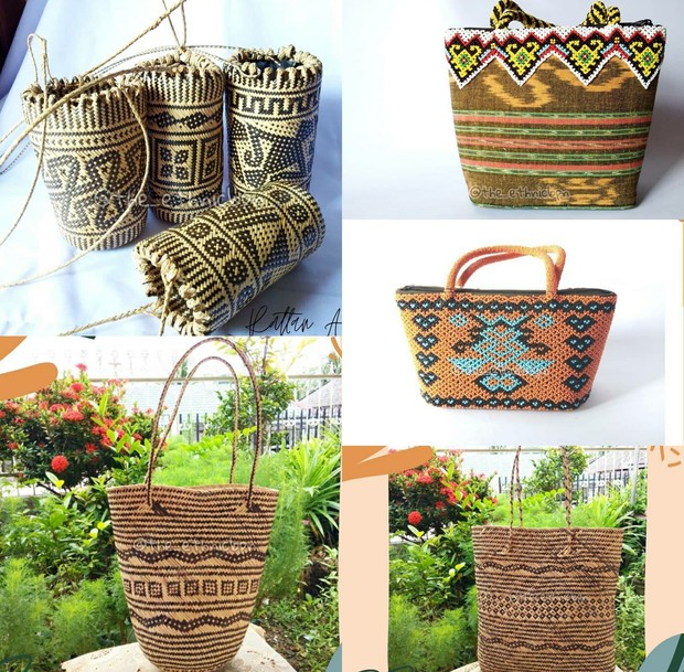 Tas anjat berbentuk tabung, tas rotan, dan tas manik-manik dari Dayak/Foto: Instagram/the_ethnicbpn tas etnik indonesia