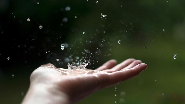 Hand of woman catching raindrops.
