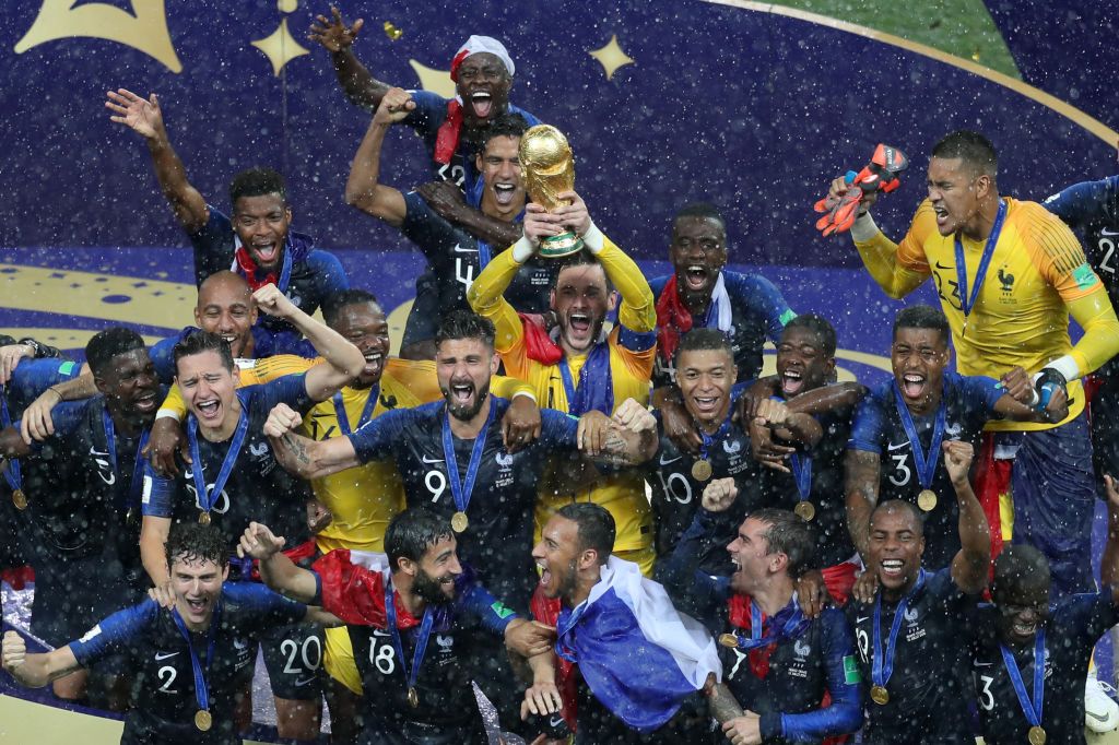 MOSCOW, RUSSIA - JULY 15: Hugo Lloris of France lifts the trophy after the 2018 FIFA World Cup Russia Final between France and Croatia at Luzhniki Stadium on July 15, 2018 in Moscow, Russia. (Photo by Catherine Ivill/Getty Images)