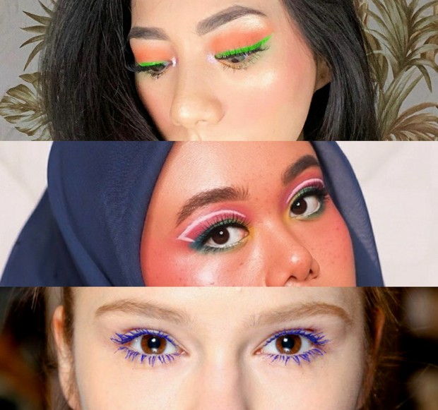 Floating liner dengan warna pastel dan maskara berwarna/Foto: Pinterest & Instagram/fatyabiya/abellyc kilas balik tren makeup 2020