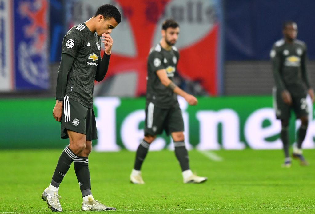 LEIPZIG, GERMANY - DECEMBER 08: Mason Greenwood of Manchester United looks dejected during the UEFA Champions League Group H stage match between RB Leipzig and Manchester United at Red Bull Arena on December 08, 2020 in Leipzig, Germany. Sporting stadiums around Germany remain under strict restrictions due to the Coronavirus Pandemic as Government social distancing laws prohibit fans inside venues resulting in games being played behind closed doors. (Photo by Stuart Franklin/Getty Images)