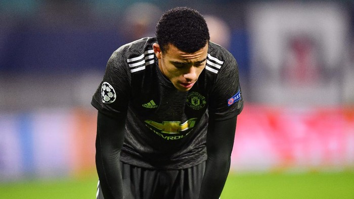 LEIPZIG, GERMANY - DECEMBER 08: Mason Greenwood of Manchester United reacts following the UEFA Champions League Group H stage match between RB Leipzig and Manchester United at Red Bull Arena on December 08, 2020 in Leipzig, Germany. Sporting stadiums around Germany remain under strict restrictions due to the Coronavirus Pandemic as Government social distancing laws prohibit fans inside venues resulting in games being played behind closed doors. (Photo by Stuart Franklin/Getty Images)