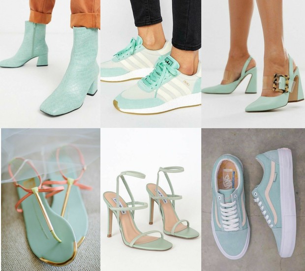 Beri statement pada tampilanmu dengan alas kaki warna mint/Foto: Pinterest/asos/modwedding/theposhmarkapp/lulusdotcom & https://dee-trade.com mix and match outfit warna hijau mint