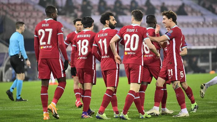 Liverpool Liverpool players celebrate the first goal of the game against Midtjylland, during their Champions League Group D soccer match at MCH Arena in Herning, Denmark, Wednesday Dec. 9, 2020. (Bo Amstrup/Scanpix via AP)