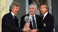 FLORENCE, ITALY - JANUARY 17: Paolo Rossi (C) former Italian footballer and World FIFA Champion Spain in 1982 and top scorer during the Italian Football Federation Hall of Fame ceremony at Palazzo Vecchio on January 17, 2017 in Florence, Italy.  (Photo by Gabriele Maltinti/Getty Images)\