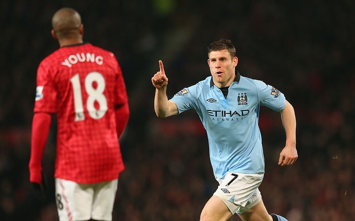James Milner   James Milner of Manchester City celebrates scoring the opening goal during the Barclays Premier League match between Manchester United and Manchester City at Old Trafford on April 8, 2013 in Manchester, England.  (Photo by Alex Livesey/Getty Images)