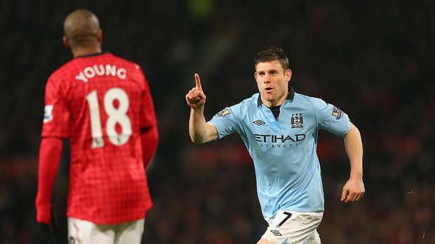 MANCHESTER, ENGLAND - APRIL 08:  James Milner of Manchester City celebrates scoring the opening goal during the Barclays Premier League match between Manchester United and Manchester City at Old Trafford on April 8, 2013 in Manchester, England.  (Photo by Alex Livesey/Getty Images)