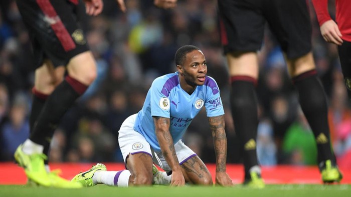 MANCHESTER, ENGLAND - DECEMBER 07: Raheem Sterling of Manchester City reacts during the Premier League match between Manchester City and Manchester United at Etihad Stadium on December 07, 2019 in Manchester, United Kingdom. (Photo by Michael Regan/Getty Images)