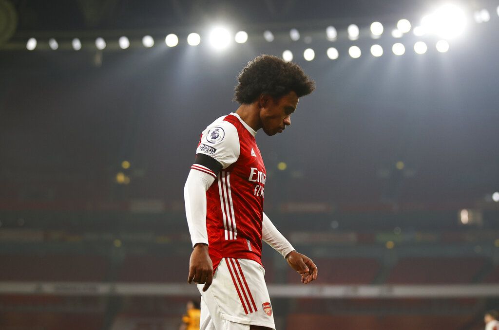 Arsenal's Willian reacts during the English Premier League soccer match between Arsenal and Wolverhampton Wanderers at Emirates Stadium, London, Sunday, Nov. 29, 2020. (Julian Finney/Pool via AP)