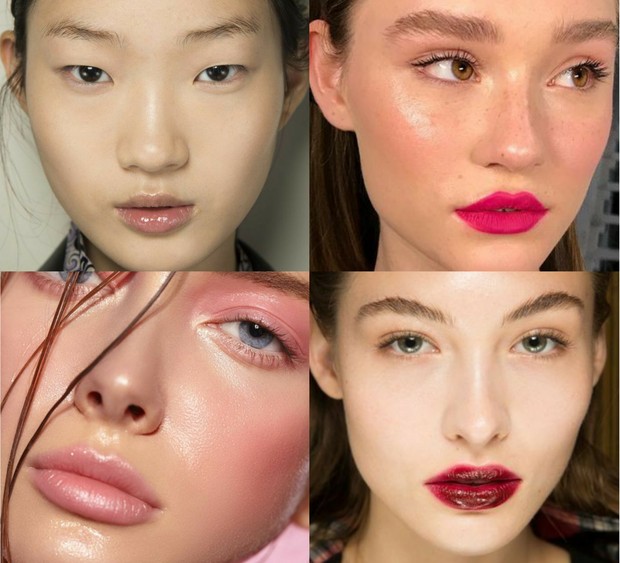 Clockwise dari kiri atas: lip gloss, lipstik fuchsia, kissed lip look, dan lip balm/Foto: Pinterest/voguemagazine/thefashionspot/thezoereport/purepeoplebrasil tren makeup 2021