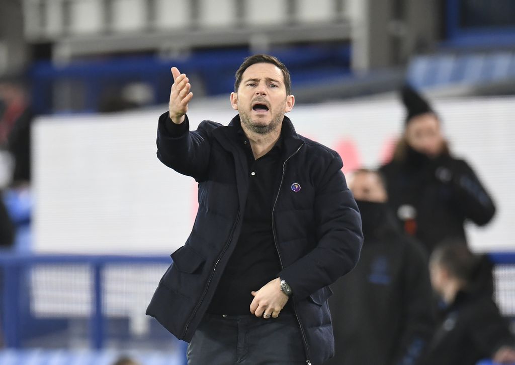 Chelsea's head coach Frank Lampard reacts during the English Premier League soccer match between Everton and Chelsea at Goodison Park in Liverpool, England, Saturday, Dec. 12, 2020. (Peter Powell/Pool via AP)