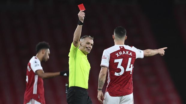 Arsenal's Granit Xhaka is shown a red card by the referee and sent off during an English Premier League soccer match between Arsenal and Burnley at the Emirates stadium in London, England, Sunday Dec. 13, 2020. (Laurence Griffiths/Pool via AP)