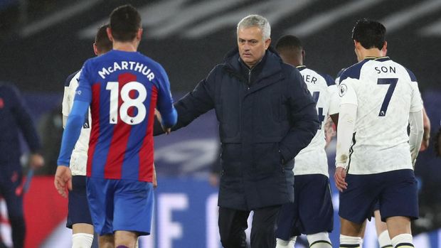 Tottenham's manager Jose Mourinho walks on the pitch after the end of the English Premier League soccer match between Crystal Palace and Tottenham Hotspur at Selhurst Park in London, Sunday, Dec., 13, 2020. The match ended in a 0-0 draw. (Clive Rose/ Pool via AP)