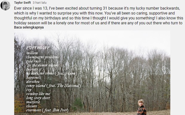 Hadiah untuk Para Penggemar/youtube.com/taylorswift Fakta Album Evermore Taylor Swift Hadiah untuk Para Penggemar/youtube.com/taylorswift