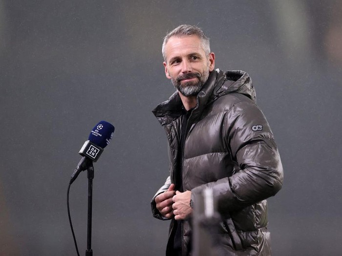 MOENCHENGLADBACH, GERMANY - DECEMBER 01: Marco Rose, Head Coach of Borussia Moenchengladbach is interviewed prior to the UEFA Champions League Group B stage match between Borussia Moenchengladbach and FC Internazionale at Borussia-Park on December 01, 2020 in Moenchengladbach, Germany. Sporting stadiums around Germany remain under strict restrictions due to the Coronavirus Pandemic as Government social distancing laws prohibit fans inside venues resulting in games being played behind closed doors. (Photo by Lars Baron/Getty Images)