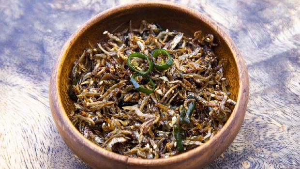 Soy sugar glazed anchovies with green chili which is called Myulchi Bokkeum
