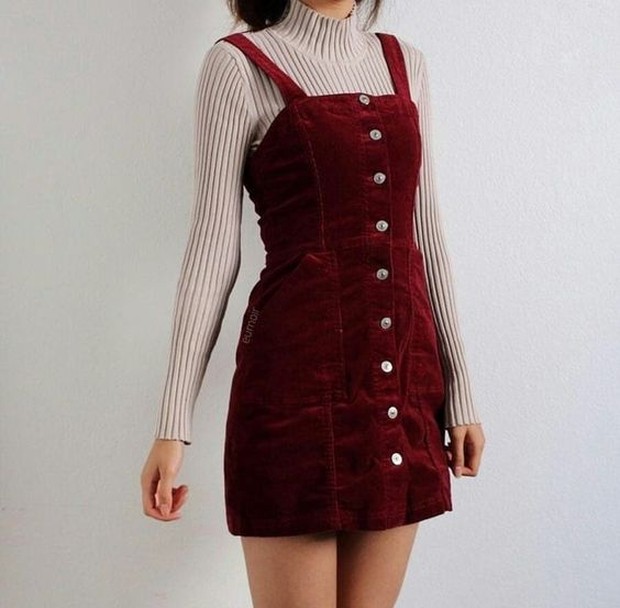 Red Overall Dress with Long Turtle Neck