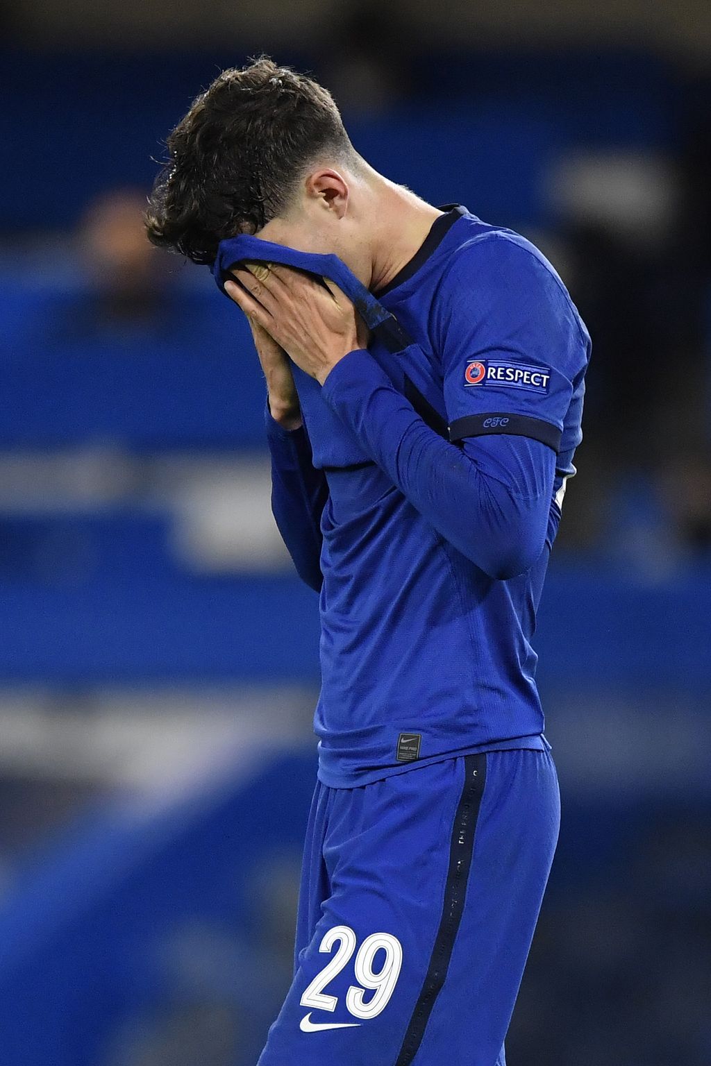 LONDON, ENGLAND - OCTOBER 20: Kai Havertz of Chelsea reacts during the UEFA Champions League Group E stage match between Chelsea FC and FC Sevilla at Stamford Bridge on October 20, 2020 in London, England. Sporting stadiums around the UK remain under strict restrictions due to the Coronavirus Pandemic as Government social distancing laws prohibit fans inside venues resulting in games being played behind closed doors. (Photo by Toby Melville - Pool/Getty Images)