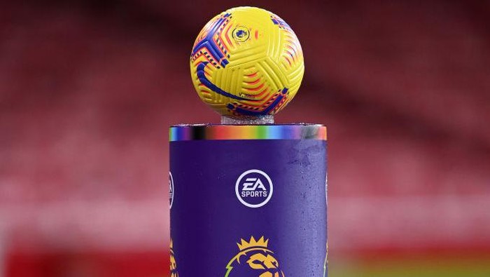 LONDON, ENGLAND - DECEMBER 13: The Nike Flight Hi-Vis Winter Match Ball is seen on a plinth that has Stonewall Rainbow Laces branding in support of their campaign prior to the Premier League match between Arsenal and Burnley at Emirates Stadium on December 13, 2020 in London, England. A limited number of spectators (2000) are welcomed back to stadiums to watch elite football across England. This was following easing of restrictions on spectators in tiers one and two areas only. (Photo by Laurence Griffiths/Getty Images)