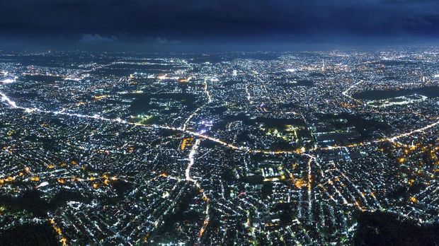 Aerial Night City Panoramic View of Bandung Indonesia at Blue Hour.