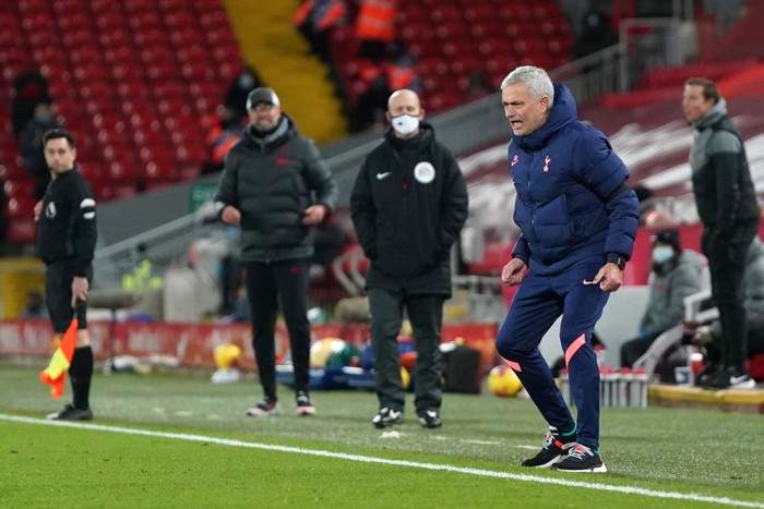 LIVERPOOL, ENGLAND - DECEMBER 16: Jose Mourinho, Manager of Tottenham Hotspur reacts during the Premier League match between Liverpool and Tottenham Hotspur at Anfield on December 16, 2020 in Liverpool, England. A limited number of fans (2000) are welcomed back to stadiums to watch elite football across England. This was following easing of restrictions on spectators in tiers one and two areas only. (Photo by Jon Super - Pool/Getty Images)