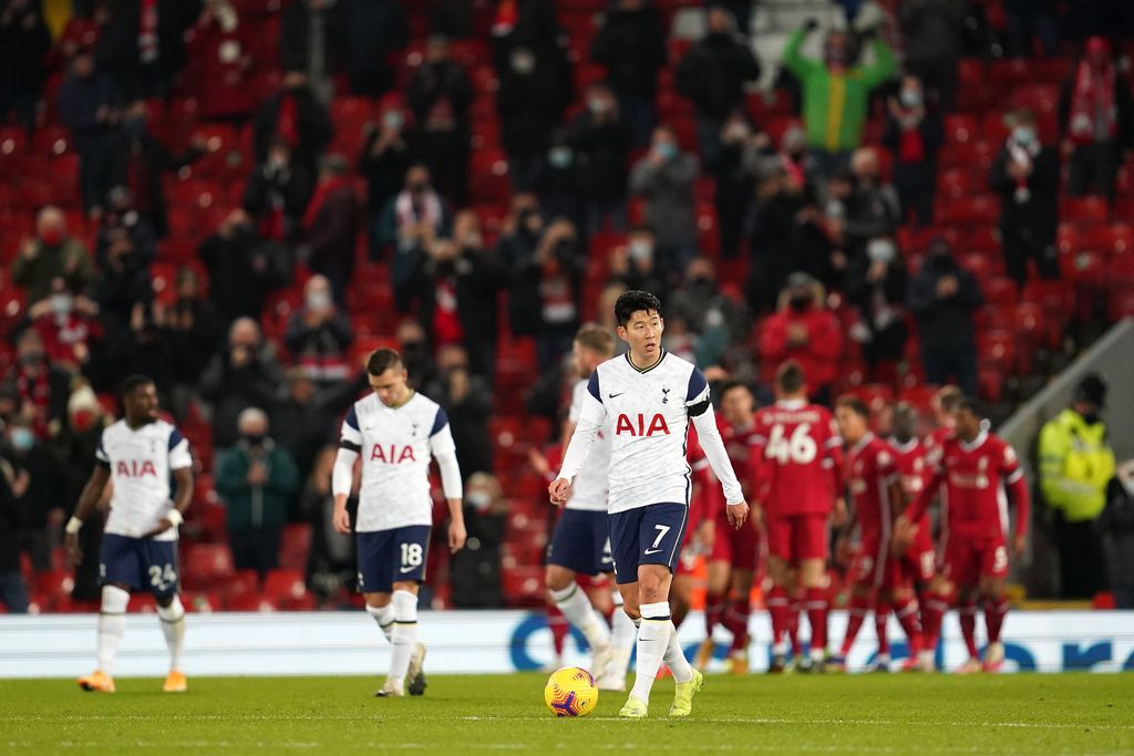 LIVERPOOL, ENGLAND - DECEMBER 16: Son Heung-Min of Tottenham Hotspur looks dejected after conceding their first goal during the Premier League match between Liverpool and Tottenham Hotspur at Anfield on December 16, 2020 in Liverpool, England. A limited number of fans (2000) are welcomed back to stadiums to watch elite football across England. This was following easing of restrictions on spectators in tiers one and two areas only. (Photo by Jon Super - Pool/Getty Images)