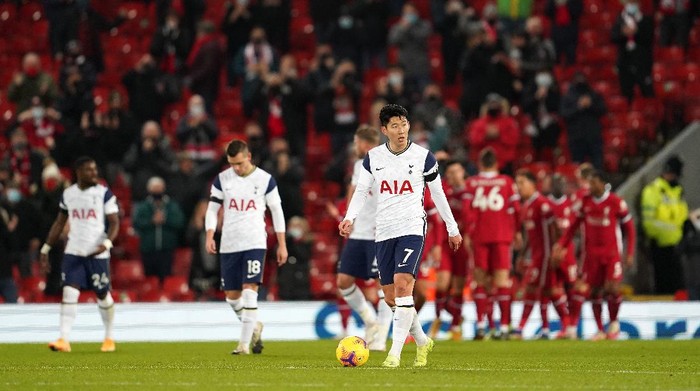 LIVERPOOL, ENGLAND - DECEMBER 16: Son Heung-Min of Tottenham Hotspur looks dejected after conceding their first goal during the Premier League match between Liverpool and Tottenham Hotspur at Anfield on December 16, 2020 in Liverpool, England. A limited number of fans (2000) are welcomed back to stadiums to watch elite football across England. This was following easing of restrictions on spectators in tiers one and two areas only. (Photo by Jon Super - Pool/Getty Images)