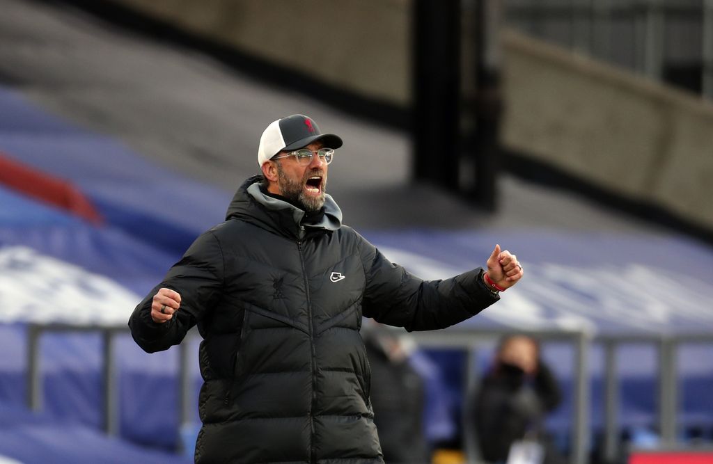 Liverpool's manager Jurgen Klopp reacts during the English Premier League soccer match between Crystal Palace and Liverpool at Selhurst Park stadium in London, Saturday, Dec. 19, 2020. (Clive Rose/Pool via AP)