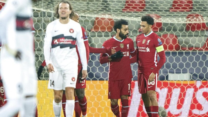 Liverpools Mohamed Salah celebrates scoring the first goal of the game against FC Midtjylland during their Champions League Group D soccer match at MCH Arena in Herning, Denmark, Wednesday Dec. 9, 2020. (Bo Amstrup/Scanpix via AP)