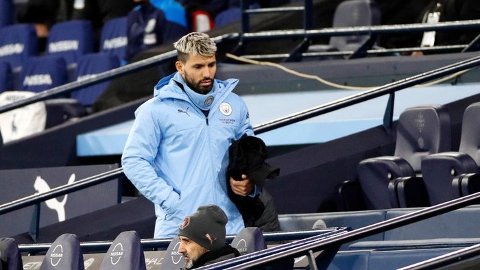 MANCHESTER, ENGLAND - DECEMBER 15: Sergio Aguero of Manchester City looks on from the stands during the Premier League match between Manchester City and West Bromwich Albion at Etihad Stadium on December 15, 2020 in Manchester, England. The match will be played without fans, behind closed doors as a Covid-19 precaution.  (Photo by Clive Brunskill/Getty Images)