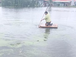 Viral Kurir di Makassar Tembus Banjir Pakai Rakit demi Antar Paket