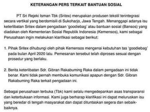 Ini Penjelasan Lengkap PT Sritex soal Dana Bansos yang Dikaitkan Gibran