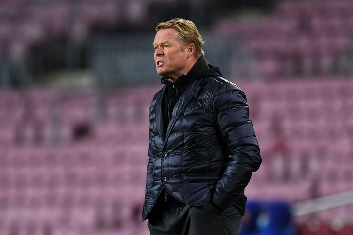 BARCELONA, SPAIN - DECEMBER 08: Head coach Ronald Koeman of FC Barcelona reacts during the UEFA Champions League Group G stage match between FC Barcelona and Juventus at Camp Nou on December 08, 2020 in Barcelona, Spain. Sporting stadiums around Spain remain under strict restrictions due to the Coronavirus Pandemic as Government social distancing laws prohibit fans inside venues resulting in games being played behind closed doors. (Photo by David Ramos/Getty Images)