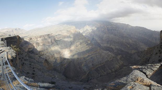 200 metres up in the mountains near Jabal Shams there's a small hotel and this fantastic view. The panorama comprises 22 images