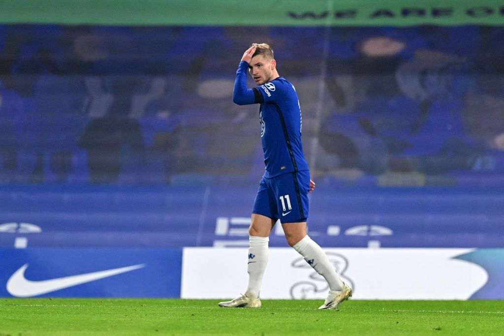 LONDON, ENGLAND - NOVEMBER 29: Timo Werner of Chelsea reacts after having a goal disallowed for offside during the Premier League match between Chelsea and Tottenham Hotspur at Stamford Bridge on November 29, 2020 in London, England. Sporting stadiums around the UK remain under strict restrictions due to the Coronavirus Pandemic as Government social distancing laws prohibit fans inside venues resulting in games being played behind closed doors. (Photo by Justin Tallis -