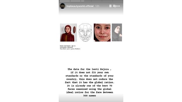 Top Beauty World yang mengumumkan pedangdut Lesti Kejora sebagai perempuan tercantik sedunia urutan kelima memberikan keterangan melalui Instagram.