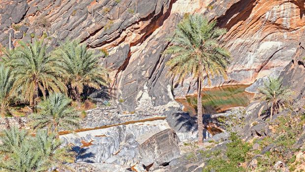 Wadis of al Rustaq Breathtaking view along the unpaved road connecting Al Hamra to Rustaq in Al Hajar Mountains in Oman