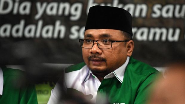FOTO ARSIP: Ketua Umum PP GP Ansor Yaqut Cholil Qoumas memberikan keterangan pers di Jakarta, Rabu (24/10/2018). Presiden Joko Widodo menugaskan Yaqut Cholil Qoumas menjadi Menteri Agama. ANTARA FOTO/Wahyu Putro A/pd/wsj.