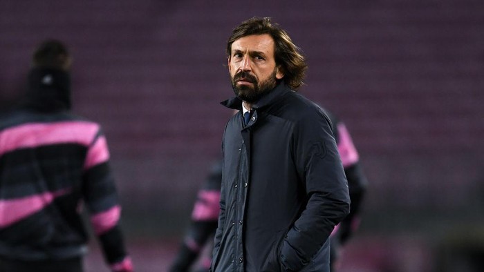 BARCELONA, SPAIN - DECEMBER 08: Head coach Andre Pirlo of Juventus looks on during the warm up prior to the UEFA Champions League Group G stage match between FC Barcelona and Juventus at Camp Nou on December 08, 2020 in Barcelona, Spain. Sporting stadiums around Spain remain under strict restrictions due to the Coronavirus Pandemic as Government social distancing laws prohibit fans inside venues resulting in games being played behind closed doors. (Photo by David Ramos/Getty Images)