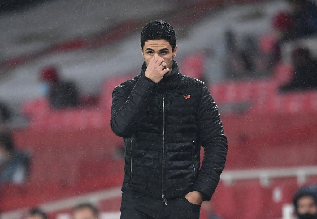 LONDON, ENGLAND - NOVEMBER 08: Mikel Arteta, Manager of Arsenal reacts during the Premier League match between Arsenal and Aston Villa at Emirates Stadium on November 08, 2020 in London, England. Sporting stadiums around the UK remain under strict restrictions due to the Coronavirus Pandemic as Government social distancing laws prohibit fans inside venues resulting in games being played behind closed doors. (Photo by Andy Rain - Pool/Getty Images)