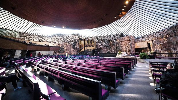Helsinki, Finland - October 3, 2016: Temppeliaukio Church, Interior of Temppeliaukio Church. The interior was excavated and built directly out of solid rock.